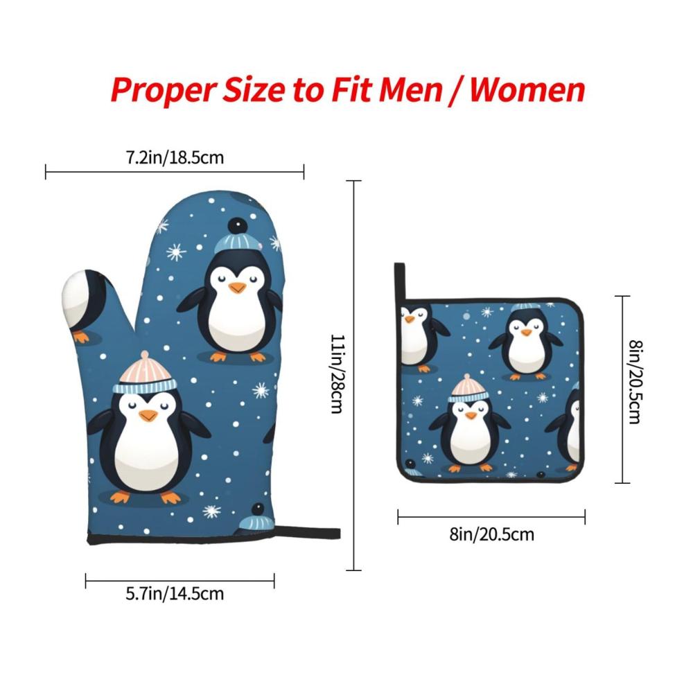 Kuschelige Ofenhandschuhe mit niedlichem Pinguin & Schneeflocken Design | Wasserdichtes Set mit 3 Handschuhen für Backen Grillen & Mikrowelle | Hitzebeständige Küchenhandschuhe für maximalen Schutz