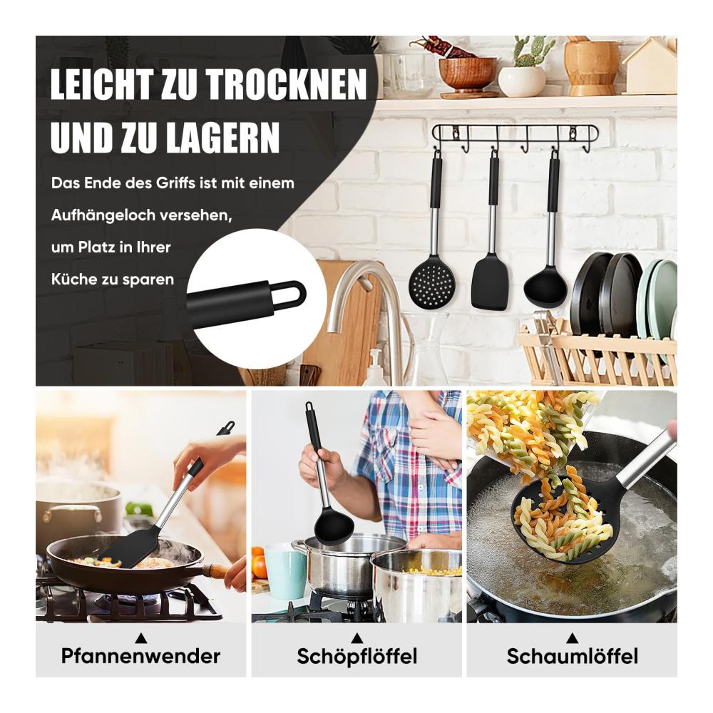 Hochwertiges Küchenhelfer Set 3-teiliges Silikon Pfannenwender Set mit Edelstahlgriff - Hitzebeständig Antihaft & Spülmaschinenfest - Perfekt zum Kochen und Backen