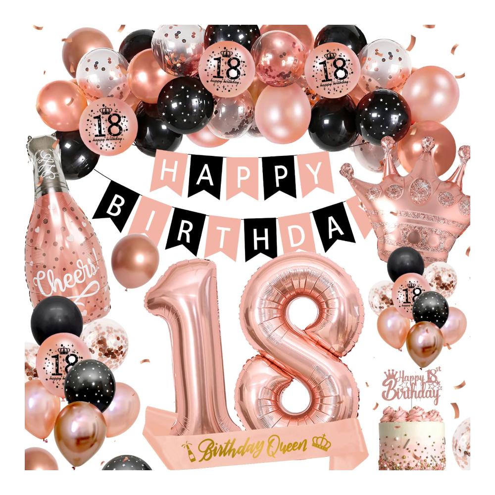Luftballons Deko Set 18. Geburtstag Mädchen | Schwarz Roségold Happy Birthday Dekorationen | Party Deko mit Folienballons Girlanden & Konfetti | Geburtstagsparty Zubehör für den perfekten Tag