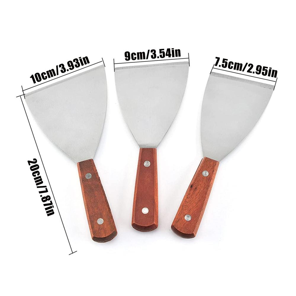 Grillspachtel Set aus Edelstahl - 3-teilig | Robuste Spachtel für Grillen Teppanyaki & Reinigung | Mit Holzgriff und Schaber | Hochwertiges Grillwerkzeug für Profis und Hobbyköche