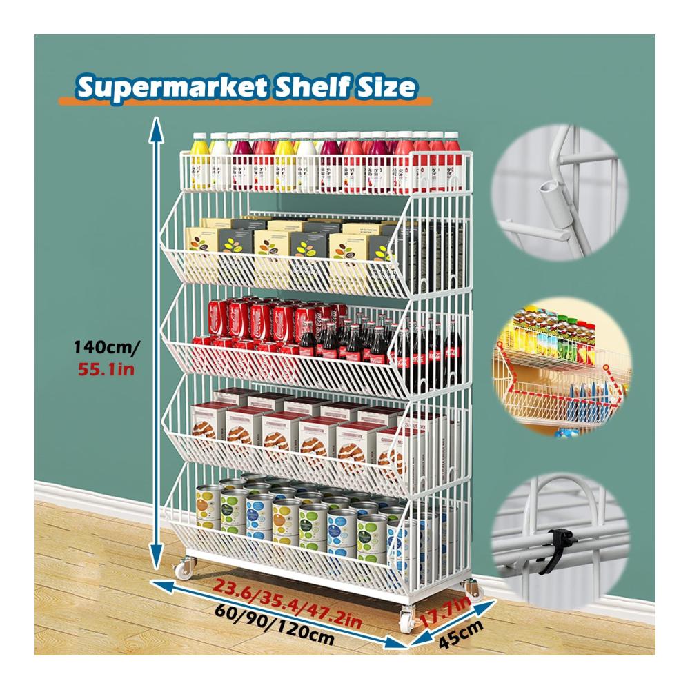 Optimale Küchenorganisation Stapelbares Supermarkt Snack-Regal mit 2/3/4/5 Drahtkörben & Rollen. Praktischer Organizer für Chips Obst Gemüse & Süßigkeiten. Perfekter Küchenzub