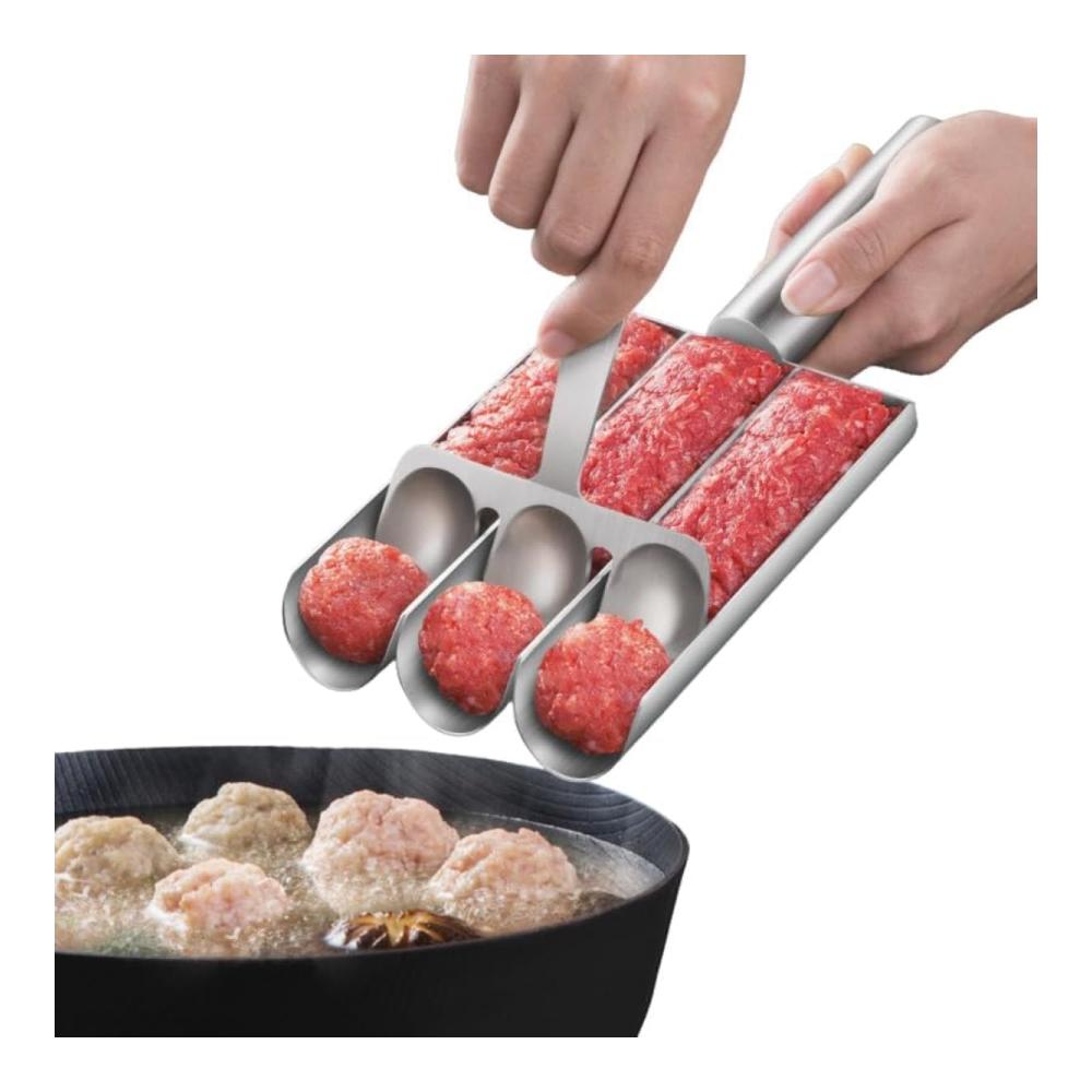 Hochwertiger Edelstahl Fleischbällchen-Schaufel-Klopfer | Antihaft-Manueller Fleischbällchen-Form-Bällchen-Maker für die Küche | Schnelles Formen von Fleischbällchen (3 Röhren