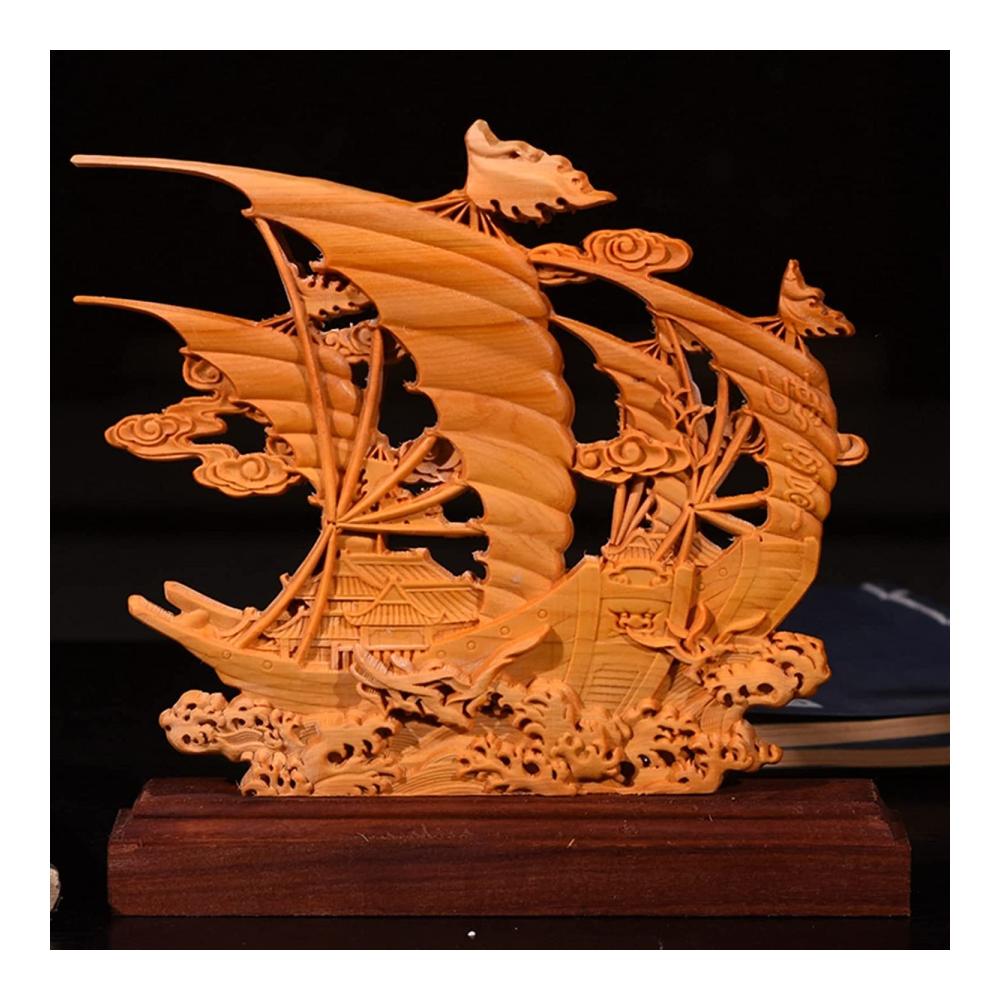 Doppelseitig geschnitzte Buddha-Figur 21 cm - Exquisites Segelboot-Holzornament aus Thuja-Holz - Glattes Segelboot-Design - Einzigartiges hohles Einrichtungsgeschenk - Handgeschnitz
