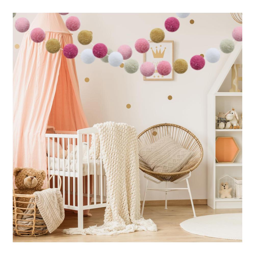 Bunte Seidenpompons Girlande - 3 Stück Filzball-Girlanden mit 90 bunten Filzkugeln - Dekorative Seidenpompon-Girlande für Kinderzimmer Partys & Feste - 196 Fuß Gesamtl