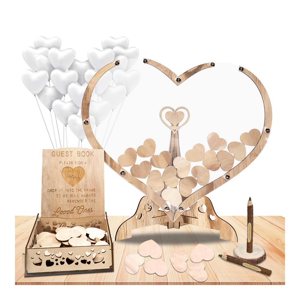 Personalisiertes Hochzeits Gästebuch aus Holz mit Herzrahmen & Zubehör - Gästebuch Hochzeit mit 25 Herzballons 2x Kugelschreiber & Aufbewahrungsbox - Holzherzen für individuelle Gestaltung
