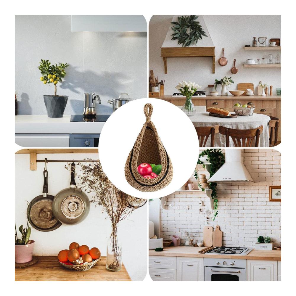 Handgewebte Obstkorb Hängekörbchen Set - Dekoratives Boho-Design für Küche und Bad - Perfekt für Hängeaufbewahrung - 3 Stück Wandkörbe