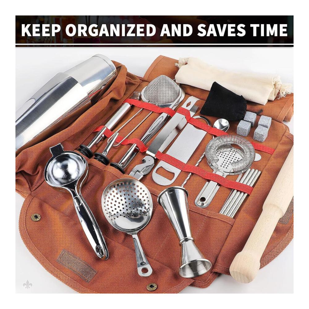 Cocktail-Sets und Barzubehör Große Canvas-Barkeeper-Werkzeugtasche für unterwegs – Tragbare Tasche mit verstellbarem Schultergurt für Cocktails Camping und Partys (Braun