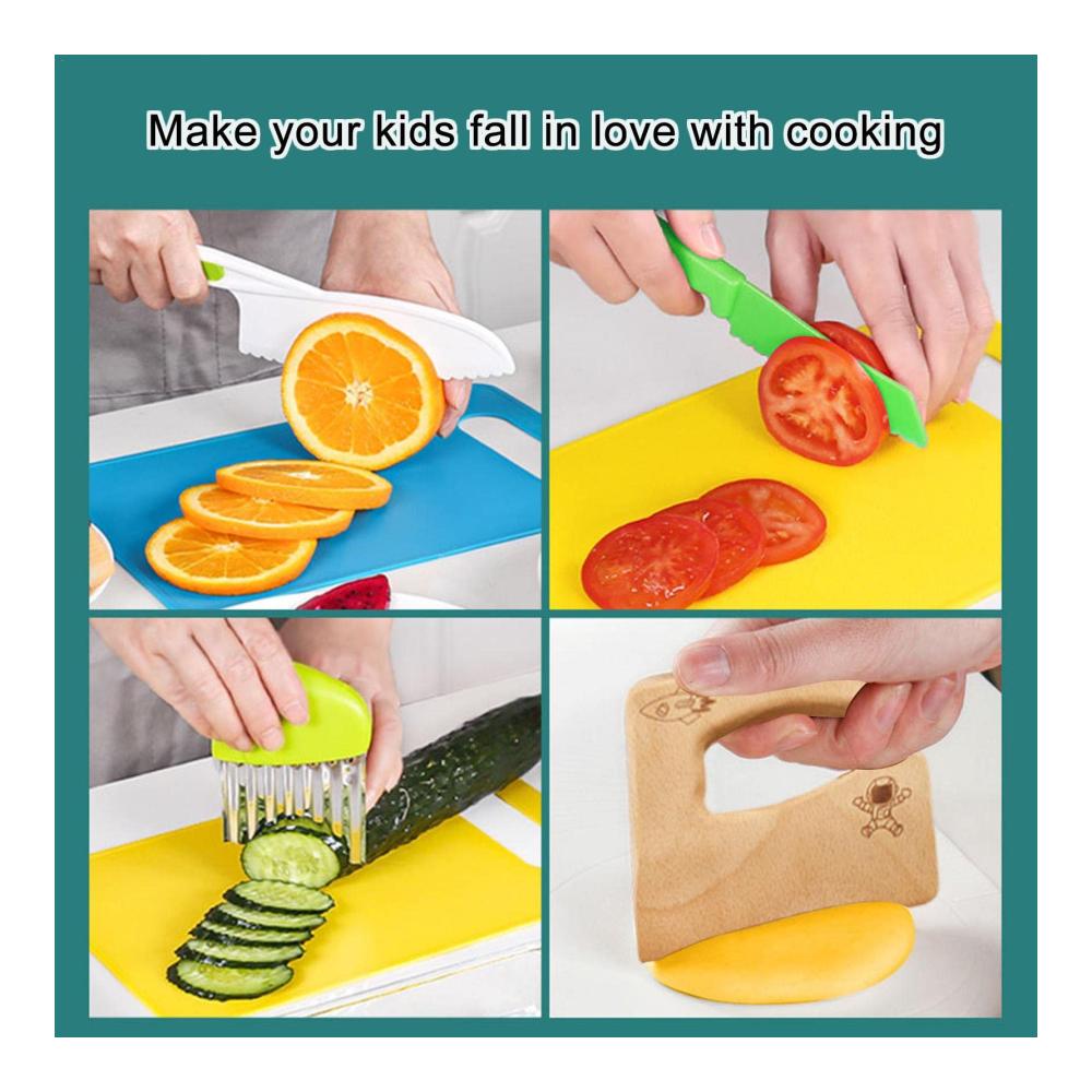 Kinder-Küchenmesser-Set aus Holz | Sicherheit beim Kochen | 8-teiliges Set mit kinderfreundlichen Wellenschliffmessern | Ideales Starter-Set für junge Köche