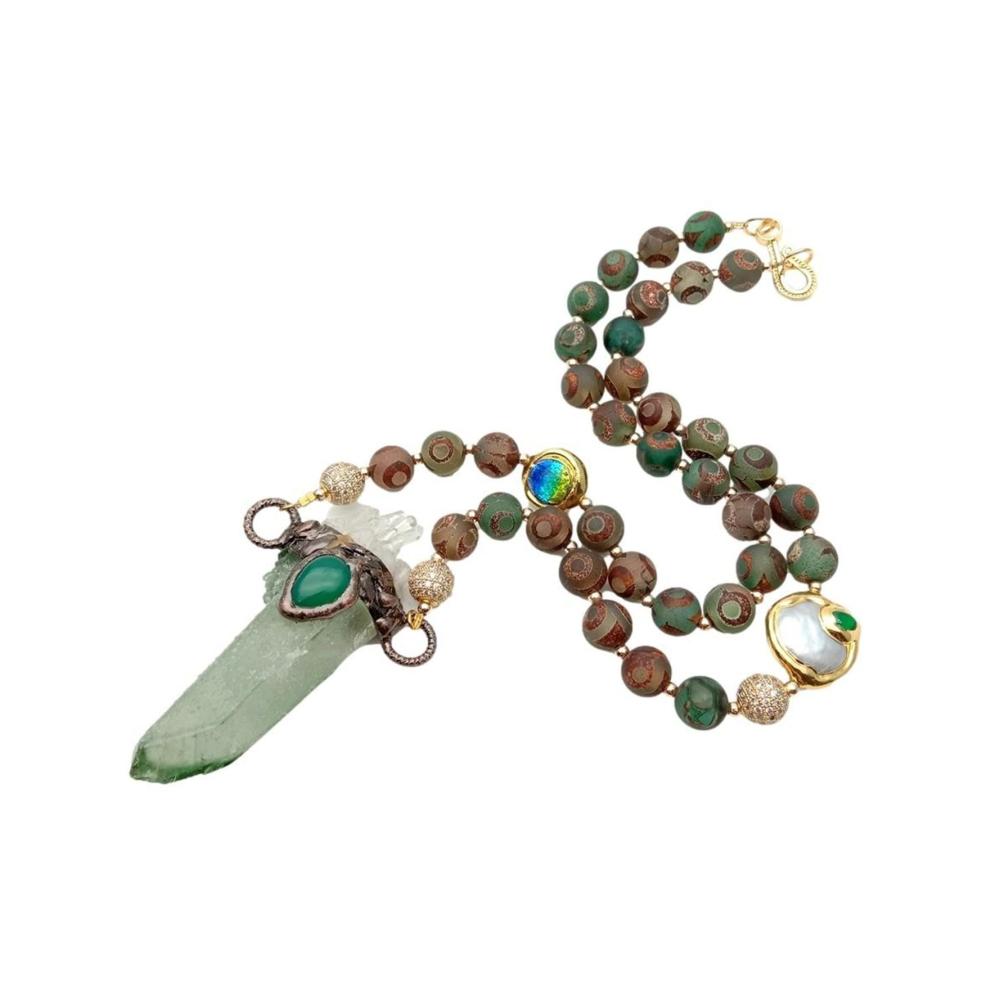 Exklusives Zimmerbrunnenzubehör Feng Shui Wasserquelle für harmonische Wohnaccessoires & Deko - Handgefertigter Achat Münzbrunnen mit Muranoglasperlen grünem Quarzpunkt-Anhänger 24 Zoll Eleganz von QINTINYIN