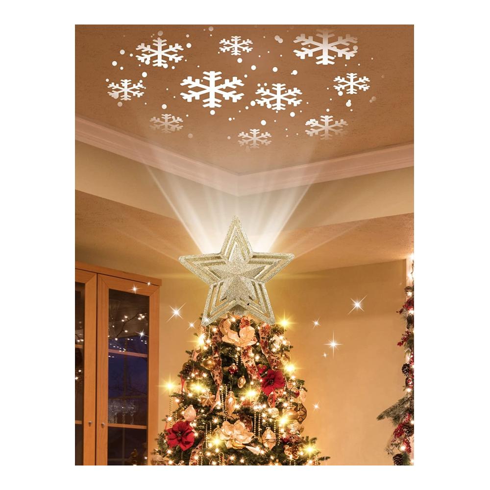 Erleuchten Sie Ihre Weihnachtszeit mit einem Stern! Goldener LED-Schneeflocken-Projektor für den Weihnachtsbaum. Top Spitzenqualität 180° drehbare Musterprojektion. Perfekter Christbaumspitze Weihnachtsschmuck