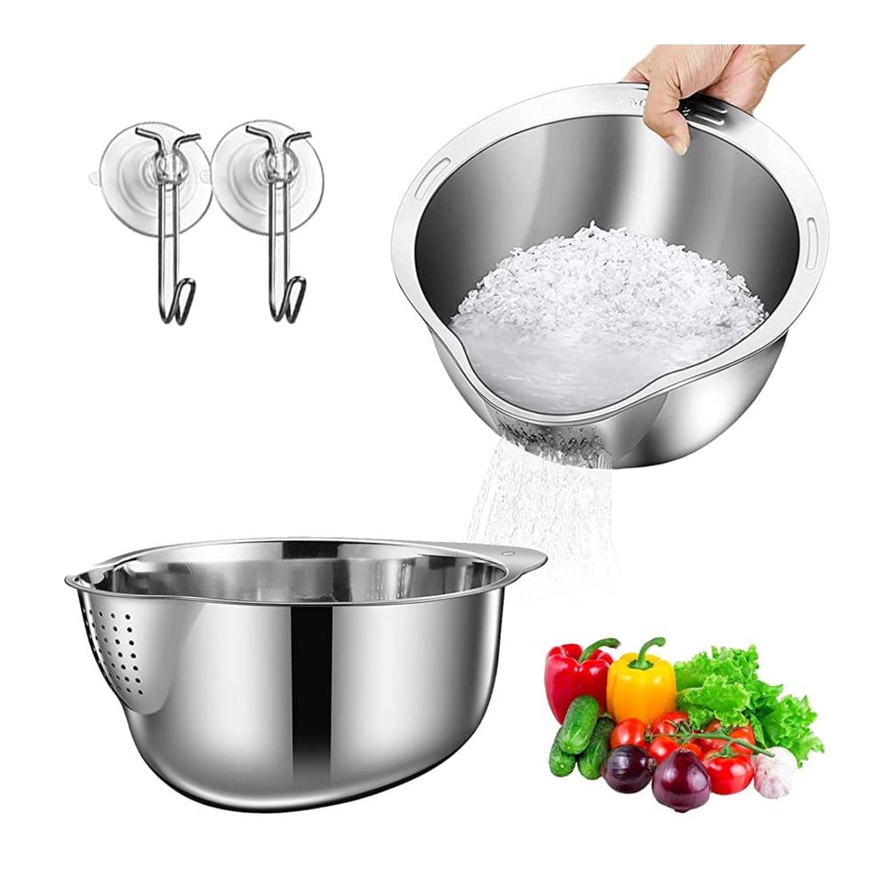 Edelstahl Reis Waschschüssel mit Seitenabfluss | Multifunktionales Sieb für Obst Gemüse & Bohnen | Küchenwerkzeug aus rostfreiem Stahl | Silber