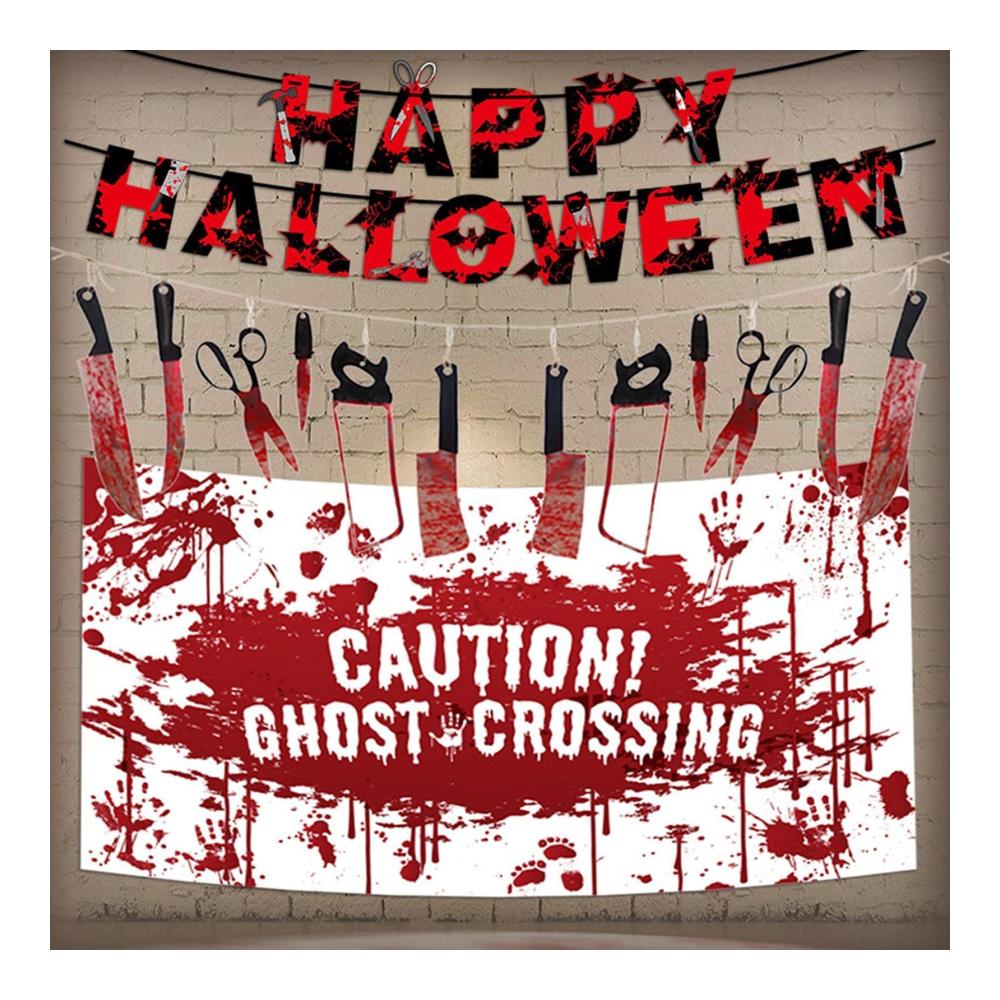 Halloween Banner Set | Gruselige Dekoration mit Blutmesser & Geistmotiven | Horror-Thema für Allerheiligen | Einfache Montage | Perfekt für Halloween-Partys & Dekorationen