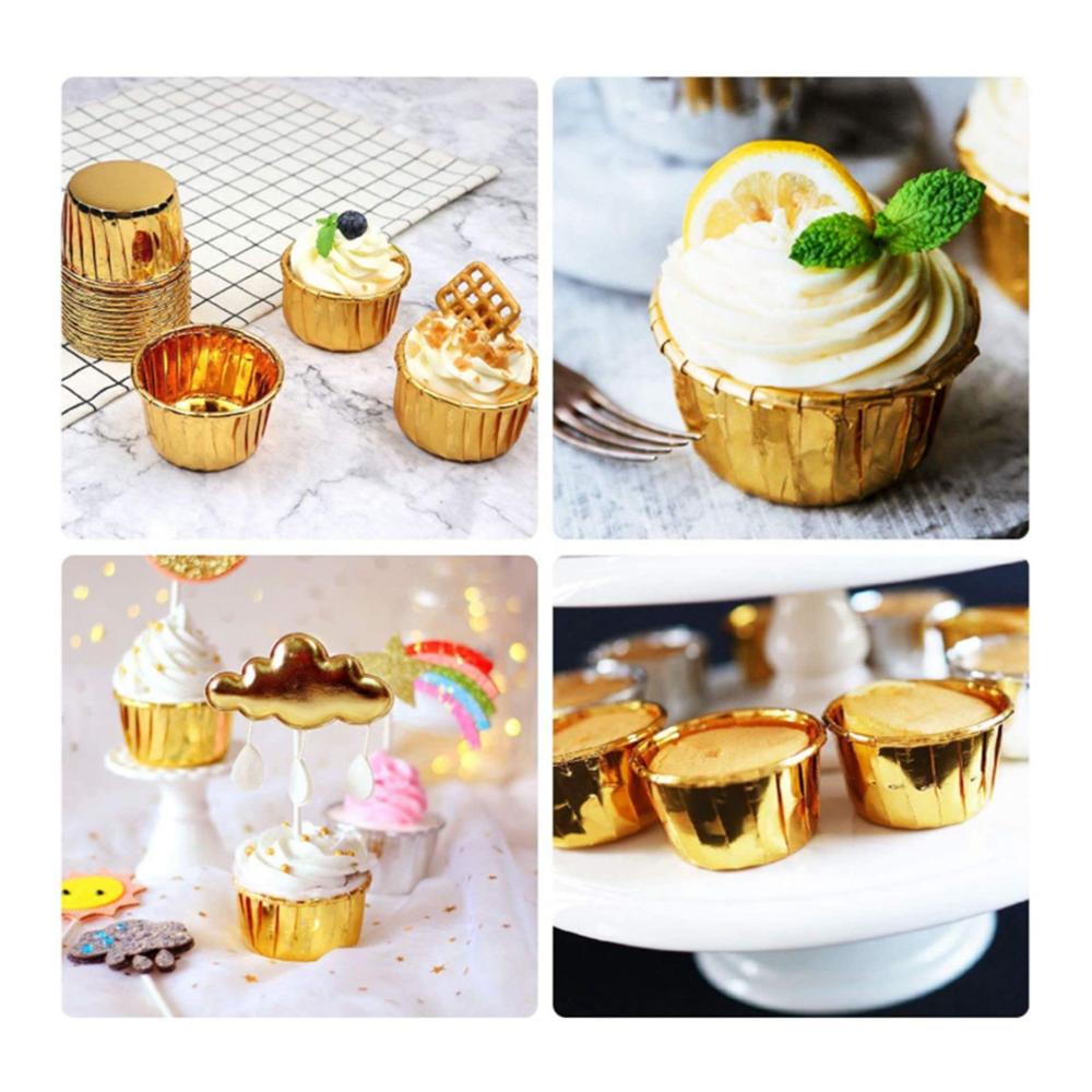 100 Einweg-Backbecher Goldfolie Cupcake-Förmchen Muffin Liner Partyzubehör Backformen für kleine Köstlichkeiten Pralinenhalter von YUMIN