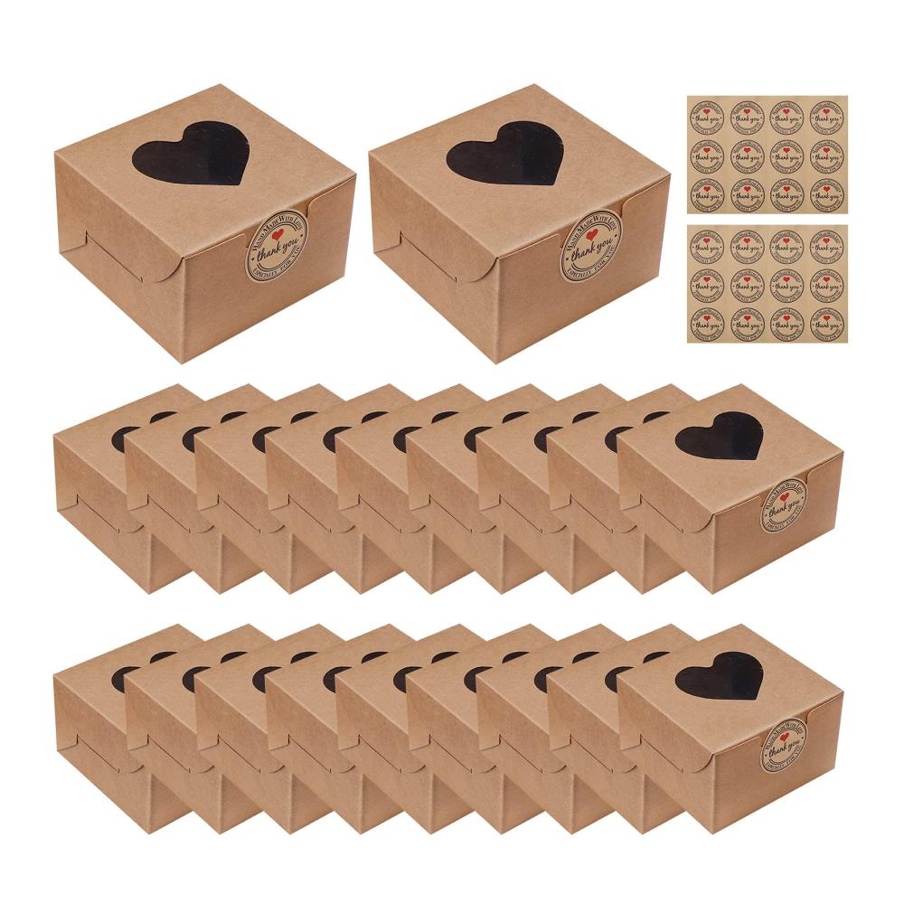 Praktischer Kuchenbehälter Hileyu 20er Pack Herzform Papierboxen mit Sichtfenster - Ideal für Kekse Gebäck und mehr - Transparente Aufbewahrung für Frische und Präsentation - Braun
