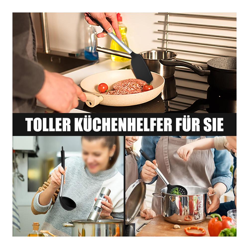Hochwertiges Küchenhelfer Set 3-teiliges Silikon Pfannenwender Set mit Edelstahlgriff - Hitzebeständig Antihaft & Spülmaschinenfest - Perfekt zum Kochen und Backen