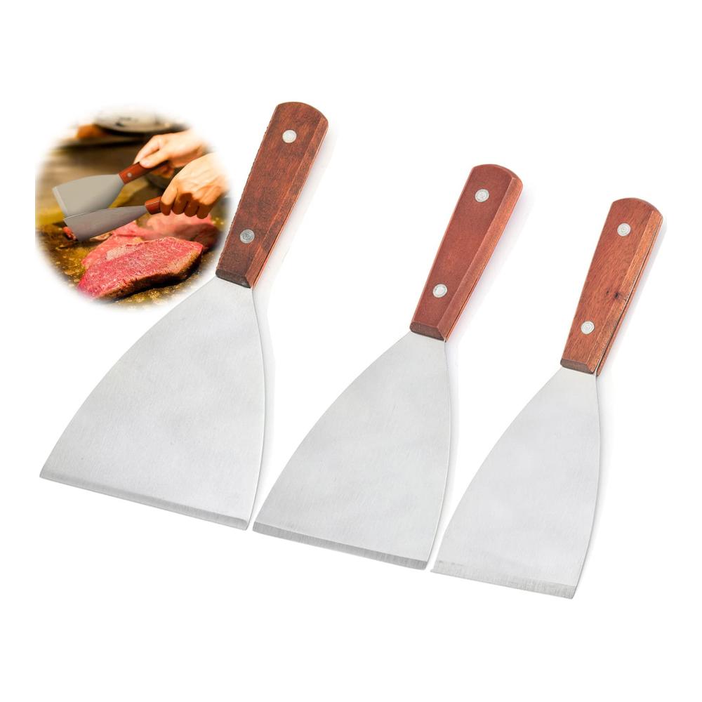 Grillspachtel Set aus Edelstahl - 3-teilig | Robuste Spachtel für Grillen Teppanyaki & Reinigung | Mit Holzgriff und Schaber | Hochwertiges Grillwerkzeug für Profis und Hobbyköche