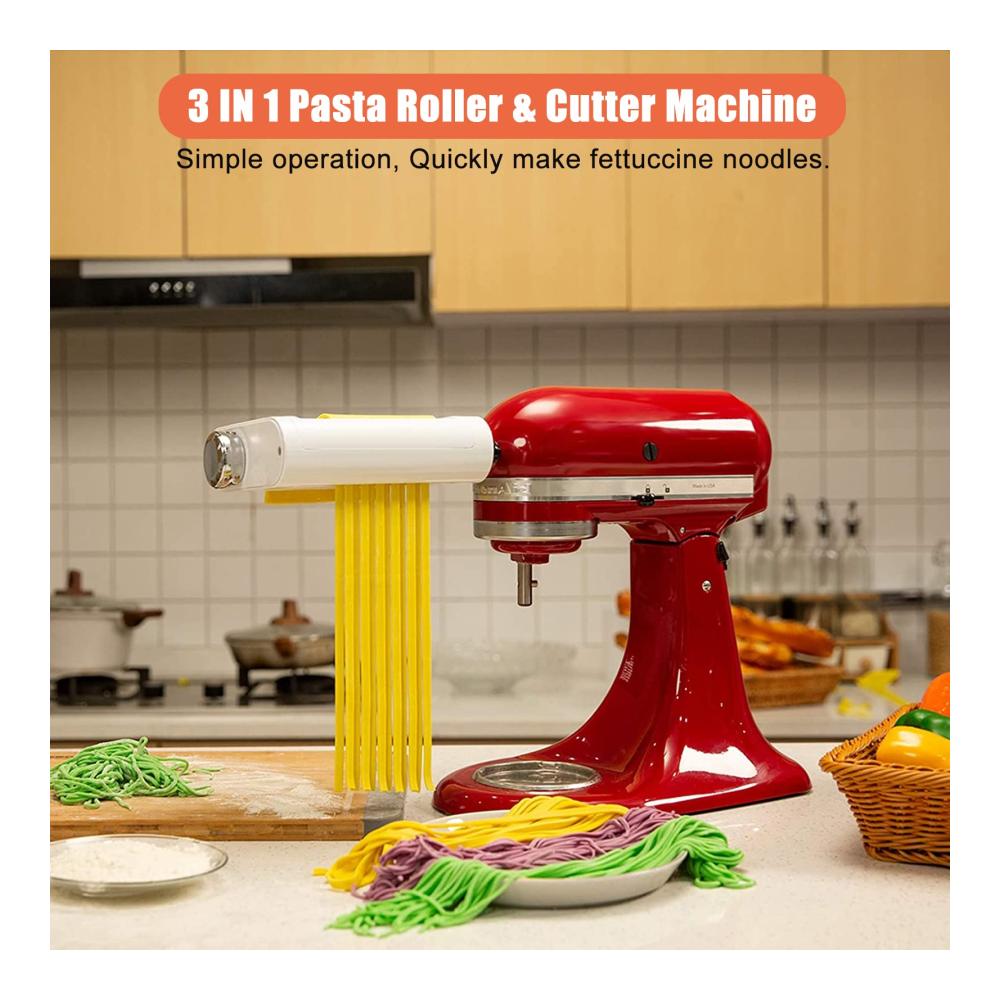 Entdecken Sie die Vielseitigkeit Manuelle Nudelmaschine Kitchenaid – 3-in-1 Design mit 8 Dickenstufen für hausgemachte Pasta-Kreationen – Inklusive Spaghetti- und Fettuccine-Schneider