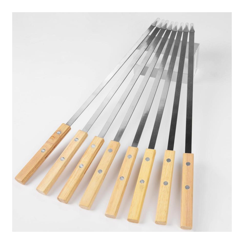 Hochwertige Grill- & Schaschlikspieße 8er-Set mit 42 cm Flachprofil Buchenholzgriffen. Ideal für Adana türkische Kebab und lange Fleischspieße. Inklusive praktischer Tasche