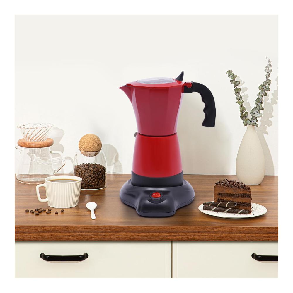 Hochleistungs-Espressokocher Elektrischer Espresso-Kocher mit 300ml Kapazität 6-Tassen-Basis 480W Aluminiumlegierung 360° drehbar für Büro und Zuhause (Rot