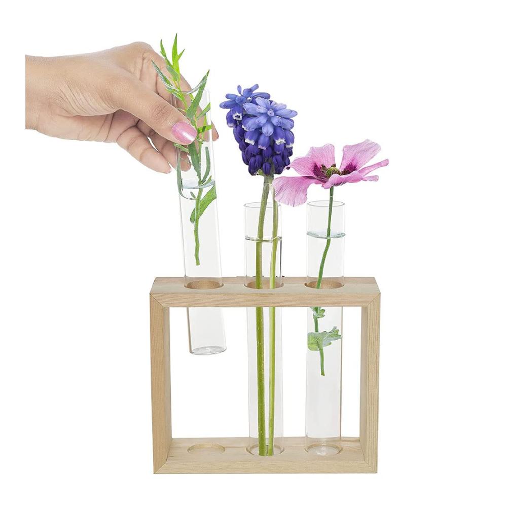 Deko Vasen Set Vintage Glas Reagenzgläser in Holzhalterung für Hydrokultur Pflanzen & Terrarium Dekoration - Perfekt für Zuhause Büro & Garten