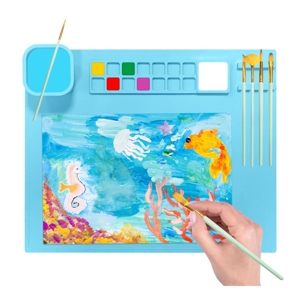 Kreativer Maluntergrund für Kinder | Schwämme mit Silikonunterlage | Inklusive Pinselbecher und Farbhalter | Abwaschbar | 508 x 406 cm | Ideale Kunstmatte für K