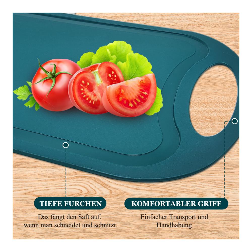 Entdecken Sie müheloses Schneiden Premium Küchenmesserset inklusive DoubleS Schneidebrett aus antibakteriellem Kunststoff mit Saftrillen. Perfekte Ergänzung mit einteiligen rutschfesten Silikongriffen und Küchenhelfer-Set. BPA-frei und spülmaschinenfest. Innovatives Design für ultimative Küchenleistung