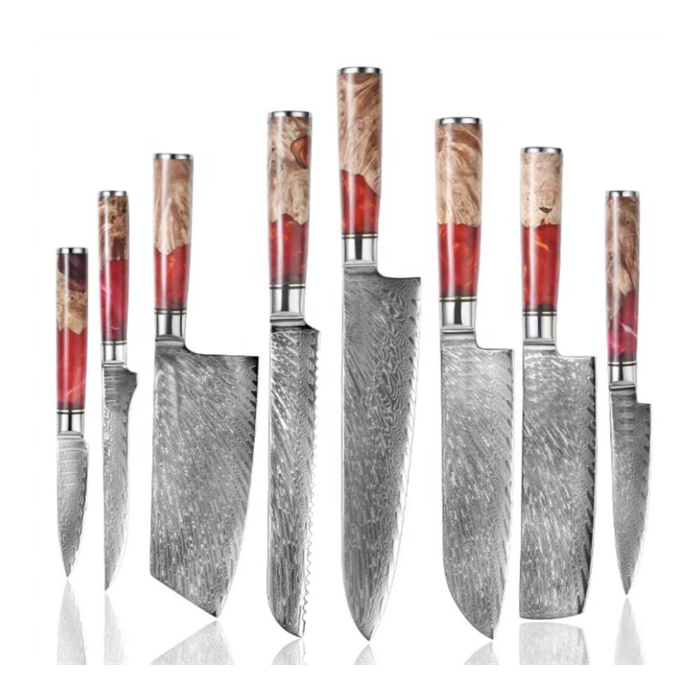 Hochwertiges 8-teiliges Küchenmesserset mit Damaskus-Klingen und Holz-Harz-Griffen - Profi Kochmesser für Chef Santoku Schälmesser und mehr