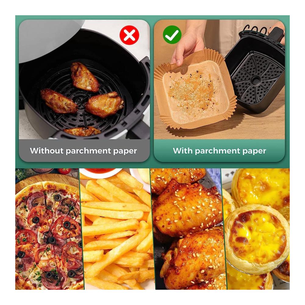 Backpapier für Heißluftfritteuse - 120 Stück quadratisch wasserdicht ölfest. Ideal für Airfryer Ofen und Mikrowelle. Antihaftbeschichtetes Pergamentpapier für einfache Reinigung und perfekte Ergebnisse beim Kochen