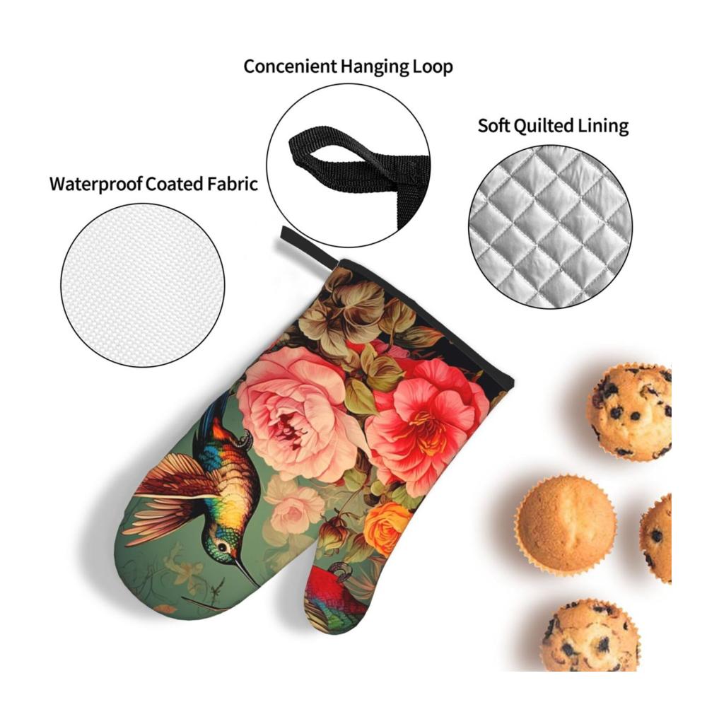 Retro Ofenhandschuhe im Vintage-Stil | Kolibri Rosen | Wasserdichtes Set mit 3 Ofenhandschuhen für Kochen Backen Grillen & mehr in der Küche & Mikrow