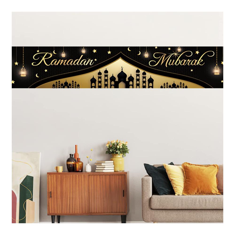 Ramadan Mubarak Dekorationen - Großes 300 x 50 cm Stoffbanner mit muslimischem Ramadan Kareem & Eid Mubarak Motiv - Schwarz & Gold - Perfektes Partyzubehör für Fotokabinen & Hofzaun-Dekorationen