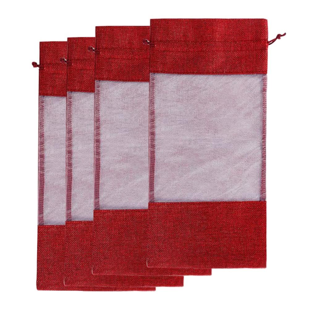 4er Pack Flaschenkörbe & -träger Weinflaschenabdeckung und Tasche aus Sackleinen mit Fenster und Kordelzug für stilvolles Servieren auf Partys zu Hause (Rot