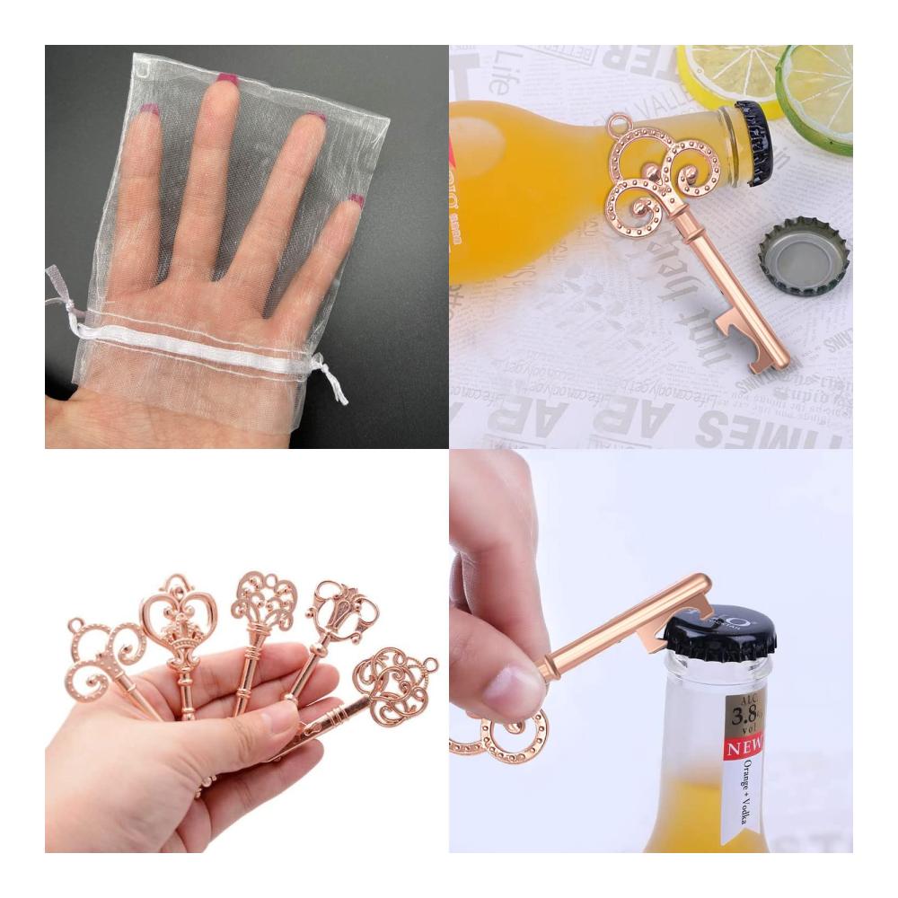 Exklusives Set 40 stilvolle Roségold Schlüssel Flaschenöffner mit Geschenkanhängern in transparenter Tasche - Perfektes Partyzubehör für Hochzeiten und Veranstaltungen Antik-Rustikale Dekoration für unvergessliche Feiern