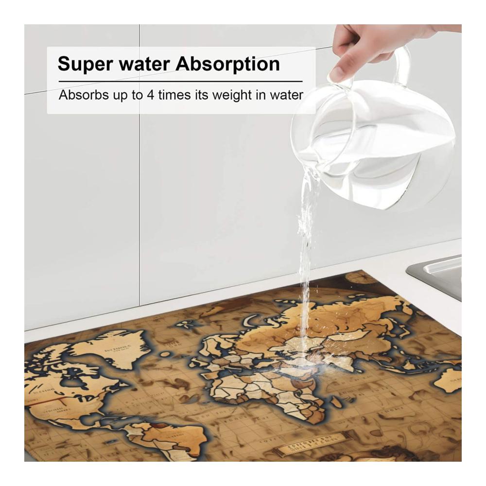 Supersaugfähige Mikrofaser-Geschirrtrockenmatte mit Vintage Weltkarte Design Anti-Rutsch Küchenarbeits-Trockenunterlage Ideal für Gläser & Besteck