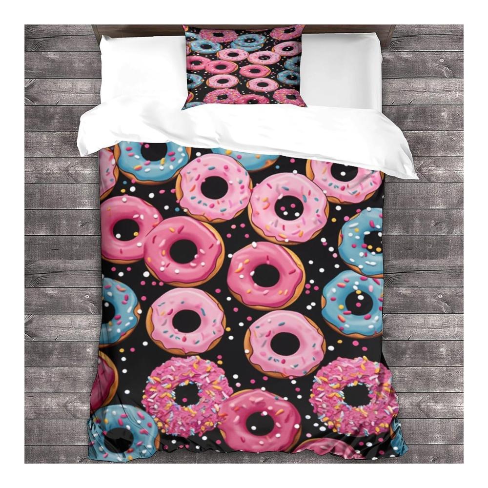 3D Gedruckte Rosa Donuts Bettwäsche Sets für Kinder | 3-teilig | Weiche Mikrofaser | Reißverschluss | Bettbezug und Kissenbezüge | Einzelgröße (135x200cm) | Mädchen & Jungen