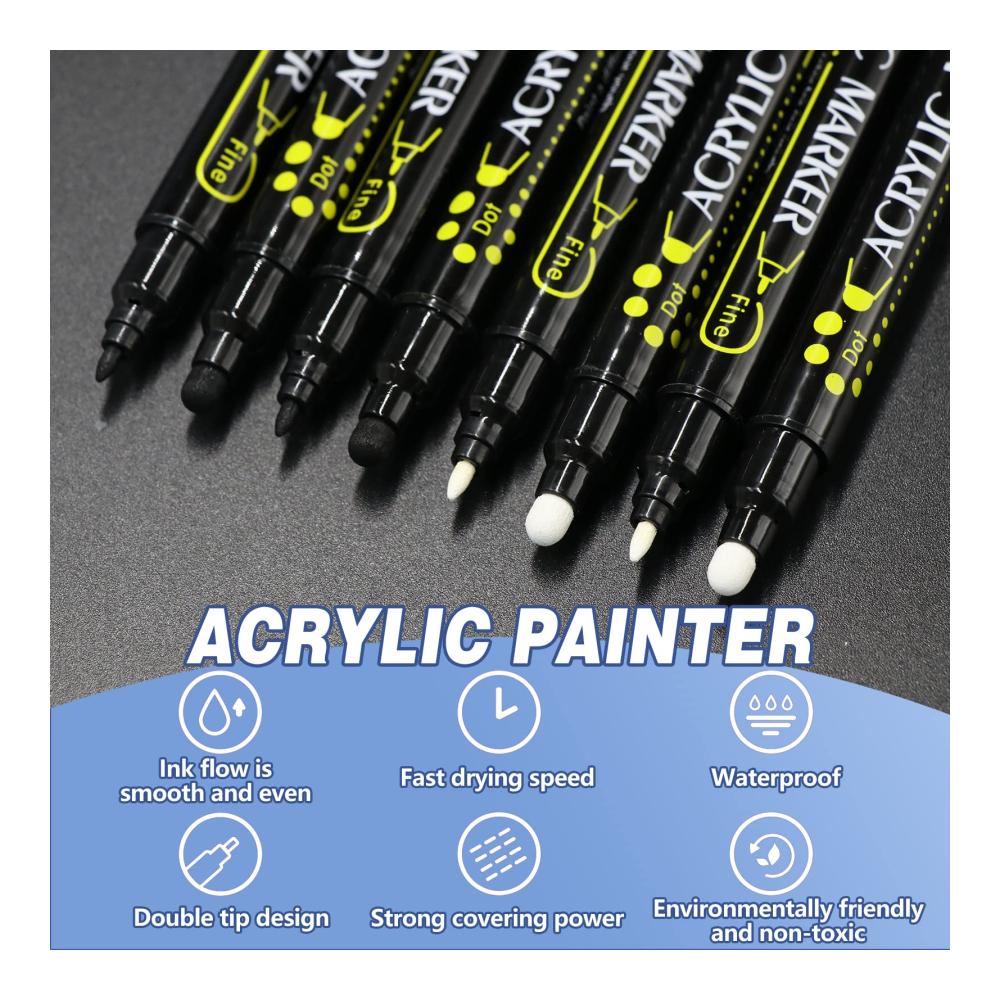 Entdecken Sie die Vielseitigkeit Premium Acrylstifte Set mit Dual Tip | Wasserfeste Marker & Filzstifte für Steine Grafti Acryl & mehr | 8 Stück Schwarz-Weiß