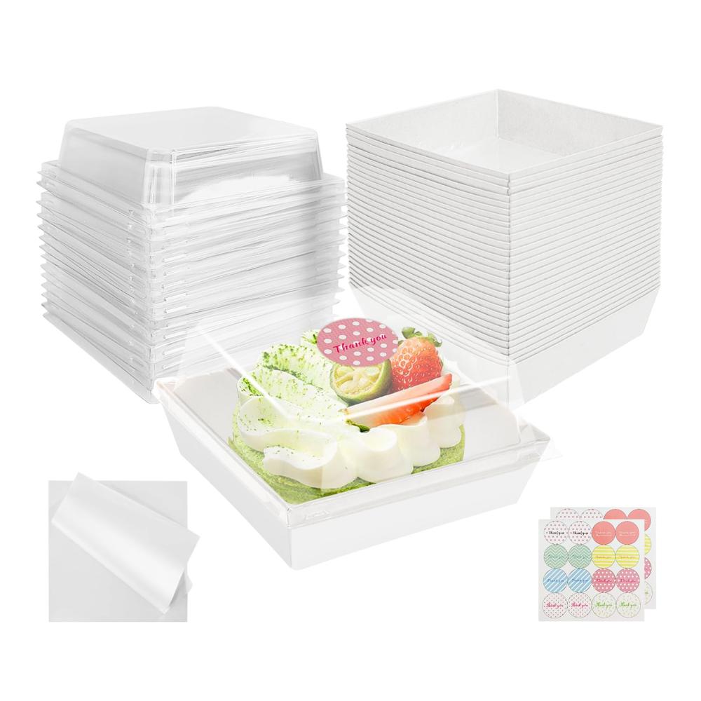 Praktische Kuchenbehälter & Lebensmitteltransportboxen - CoKeeSun 30er Set Pappe 12cm mit Transparentem Deckel Backpapier & Aufkleber Ideal für Cupcakes Sandwiches Macarons - Take Away Option (Weiß