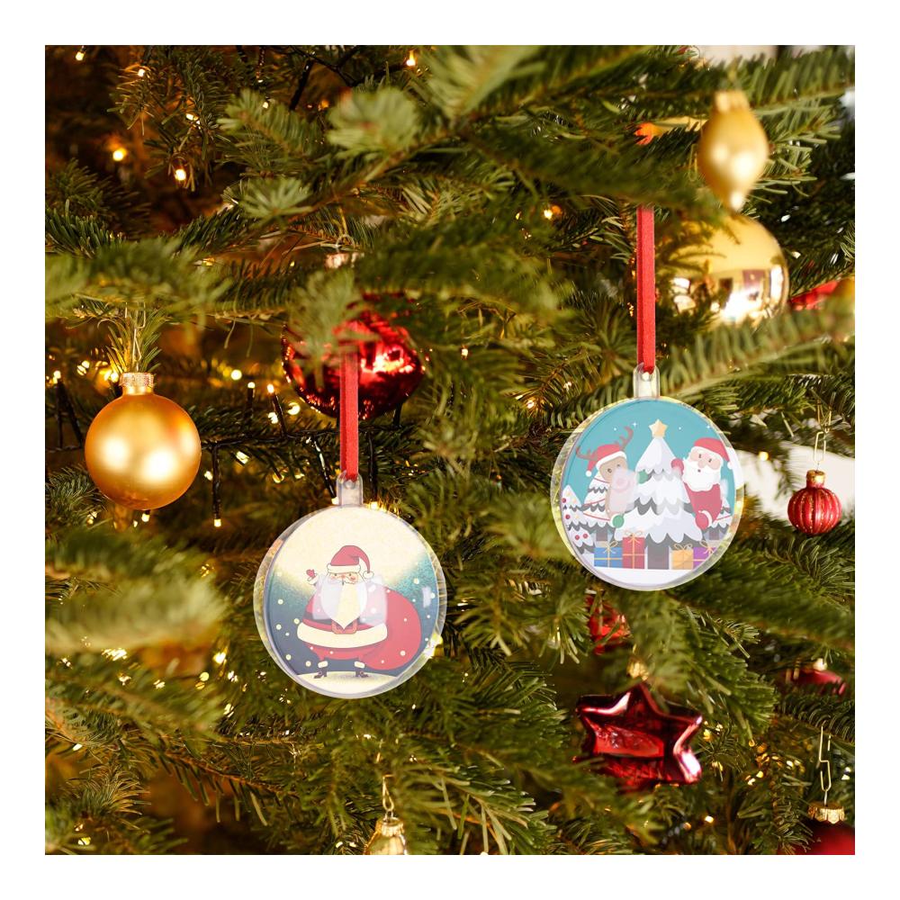 10 Stück Weihnachtlicher Baumschmuck Anhänger | Doppelseitig Personalisierbar MDF Sublimationsdruck | Transparente Kugel | Blanko Weiße Deko (2024