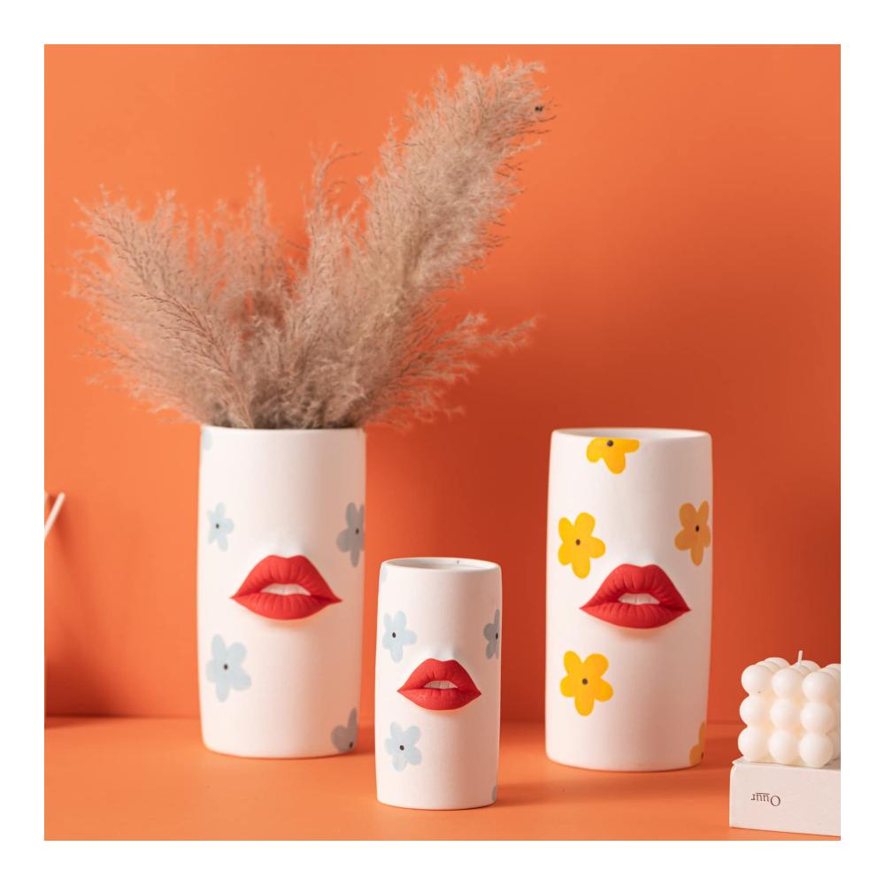 Boho Chic Große Keramikvase für Pampasgras & Blumen - Wohnaccessoire in Mattweiß für Wohnzimmer & Büro - Dekorative Blumenvase für Frische & Trockenblumen - Modernes Design - Gelb - Groß
