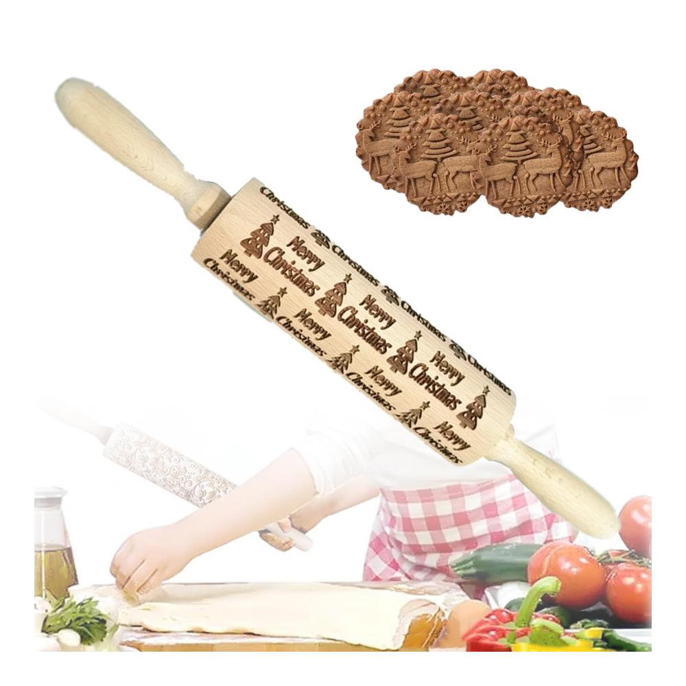 Holen Sie sich den festlichen Teigspaß! Teigroller Weihnachten - Buche Geschnitztes Nudelholz mit Weihnachtsmustern - DIY Backzubehör für die Feiertage - Ideales Geschenk für Backliebhaber