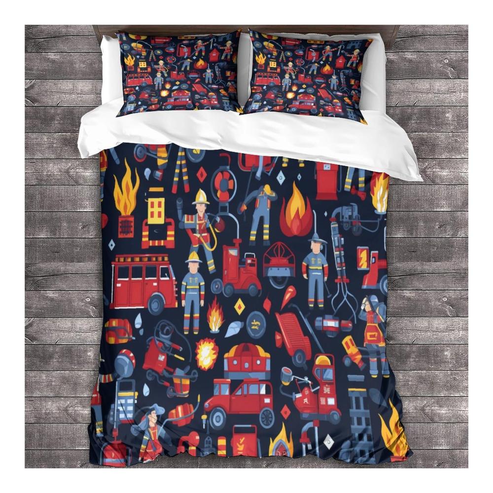 3D Gedrucktes Feuerwehrauto Bettwäsche-Set | Kinder Mädchen Jungen | Weiche Microfaser | 3-teilig | Doppelt (200x200cm) | Mit Reißverschluss | Firefighting-Thema | Atmungsaktiv | Hypoallergen | Maschinenwaschbar | Perfekt für kleine Helden