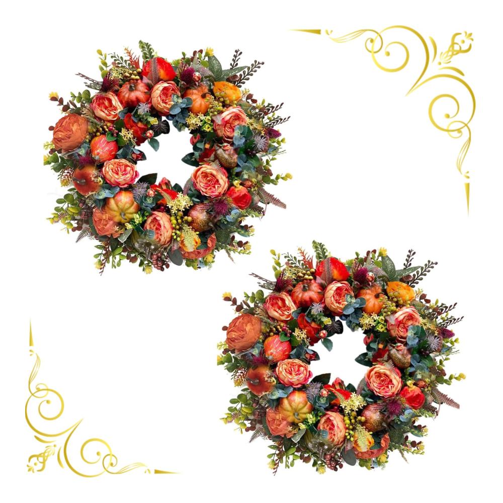 Entdecken Sie die Schönheit des Herbstes Set aus 2 künstlichen Pfingstrosen-Blumenkränzen mit Kürbissen für die Haustür 2023. Vielseitige Herbstblumen- und Erntedankkränze (40cm/45cm/50cm) für Hochzeit Fenster Wand und stilvolle Heimdekoration