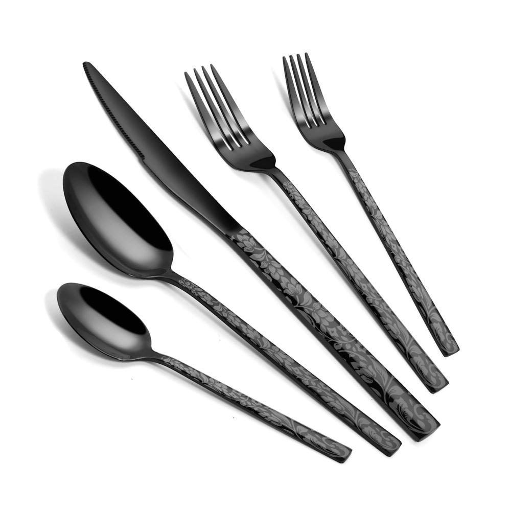 Entdecken Sie den Luxus Bestes Schwarz Besteck Set für 6 Personen - 30-teiliges Edelstahl Besteckset mit stilvollem Blumenmuster. Perfekt für Zuhause und Restaurant beinhaltet Gabeln Messer Löffel und Steakmesser. Spülmaschinenfest für mühelose Pflege. Erleben Sie Eleganz in jedem Bissen