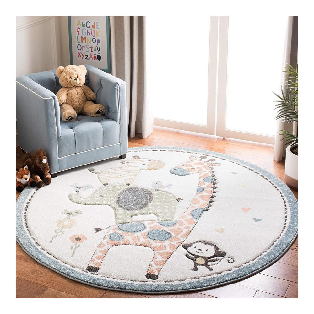 Runder Sedefen Teppich 100cm für Kinderzimmer | Tiere Motive | Waschmaschinenfest & rutschfest | Flauschiger Kinderteppich in Weiß | Ideal für Mädchen & Jungen | Wohnzimmer & Schlafzimmer