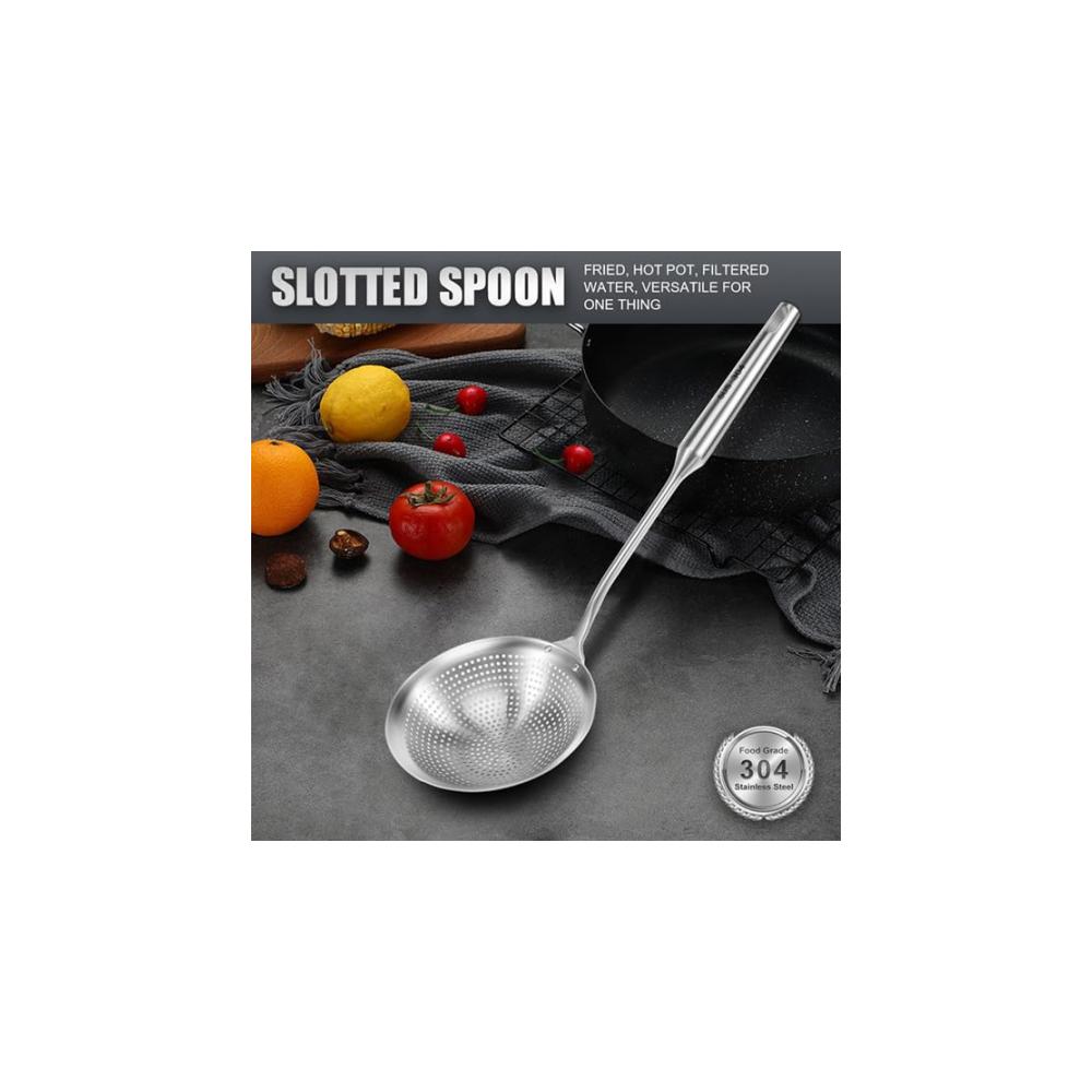 Schaum- & Abseihlöffel Edelstahl 42 * 14cm | Multifunktionale Schöpfkelle für Suppen Nudeln & Frittiertes | Hitzebeständiger Griff | Leicht zu reinigen