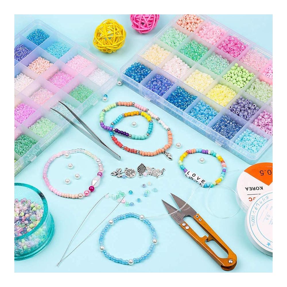 3360 Stück Mini Glasperlen 4mm kleine Rocailles Perlen Bastelperlen Set mit elastischer Schnur – Ideales Perlenweben-Zubehör für DIY Armbänder Halsketten und Schmuckherstellung