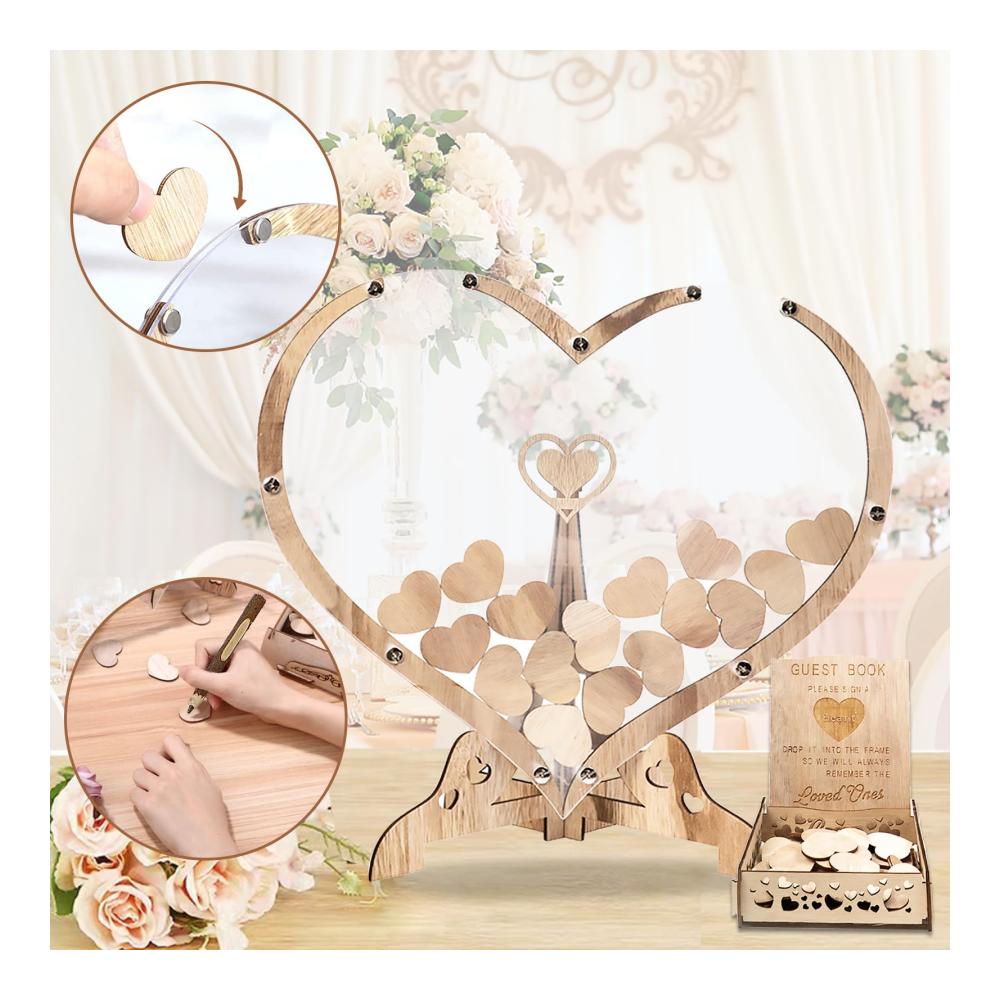 Personalisiertes Hochzeits Gästebuch aus Holz mit Herzrahmen & Zubehör - Gästebuch Hochzeit mit 25 Herzballons 2x Kugelschreiber & Aufbewahrungsbox - Holzherzen für individuelle Gestaltung