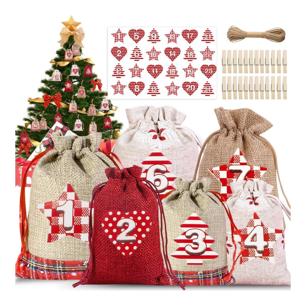 Dekorative Adventskalender 2024 Stoffbeutel zum Befüllen - 24 wiederverwendbare Geschenksäckchen für einen zauberhaften Weihnachtszauber
