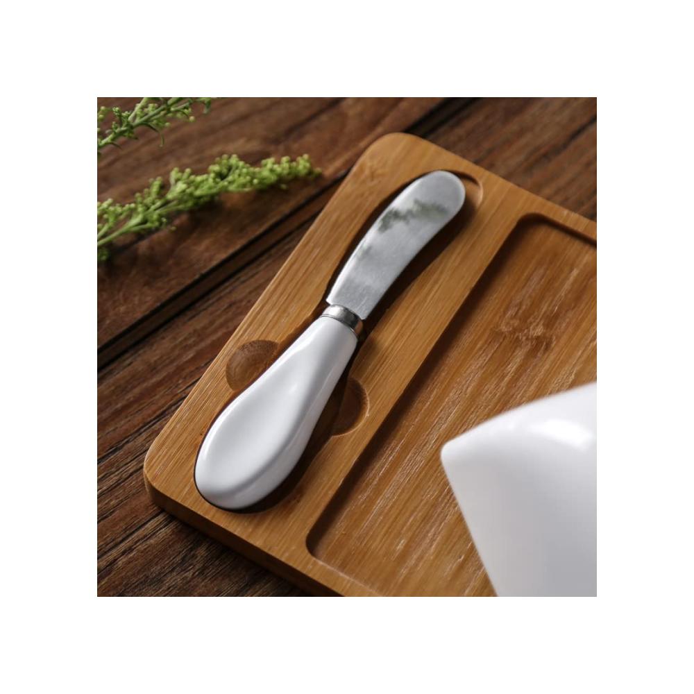 Erfrischendes Design Keramik Butterdose mit Holzdeckel für Käse & Desserts | Porzellan Behälter für hausgemachte Butter | Inklusive praktischem Messer | Attraktive Butterbox