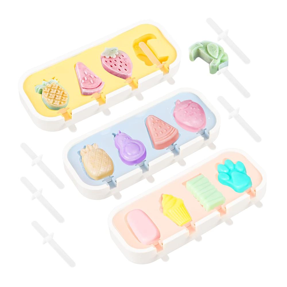 Eisformen Set mit Silikon | 3 Stück Wiederverwendbare DIY Formen für Eis am Stiel | BPA-frei Kinderfreundlich | Verschiedene Obst- und Tierformen | Perfekt zum Selbermachen von Eiscreme