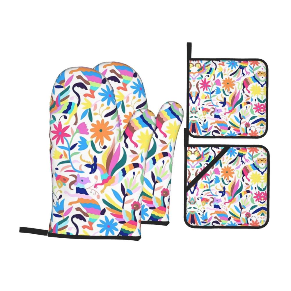 Premium Ofenhandschuhe-Set mit mexikanischem Otomi-Design | Hitzebeständig Anti-Burn Topflappen | 4-teiliges Backset für Küche Mikrowelle Grill